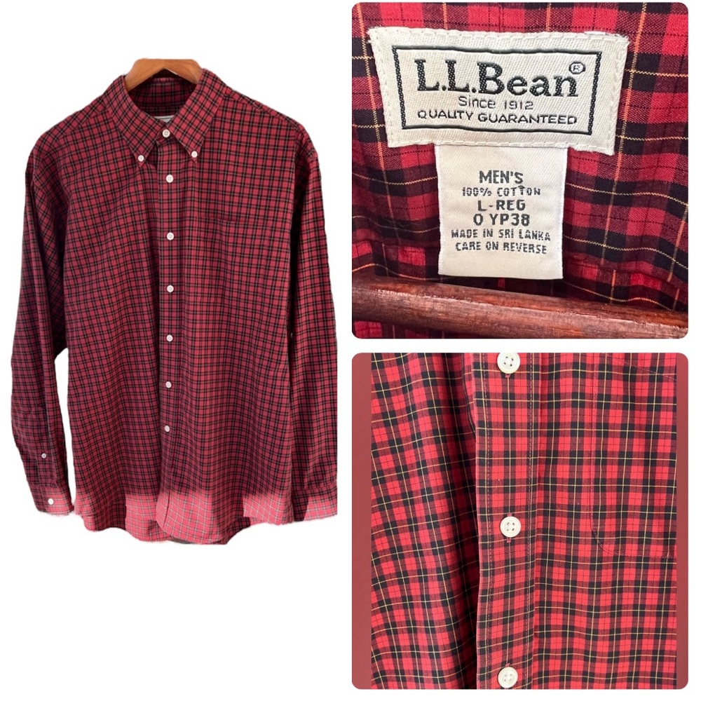 LL Bean Men’s Maroon Red Plaid Long Sleeve Button Down Shirt Cotton Sz Large